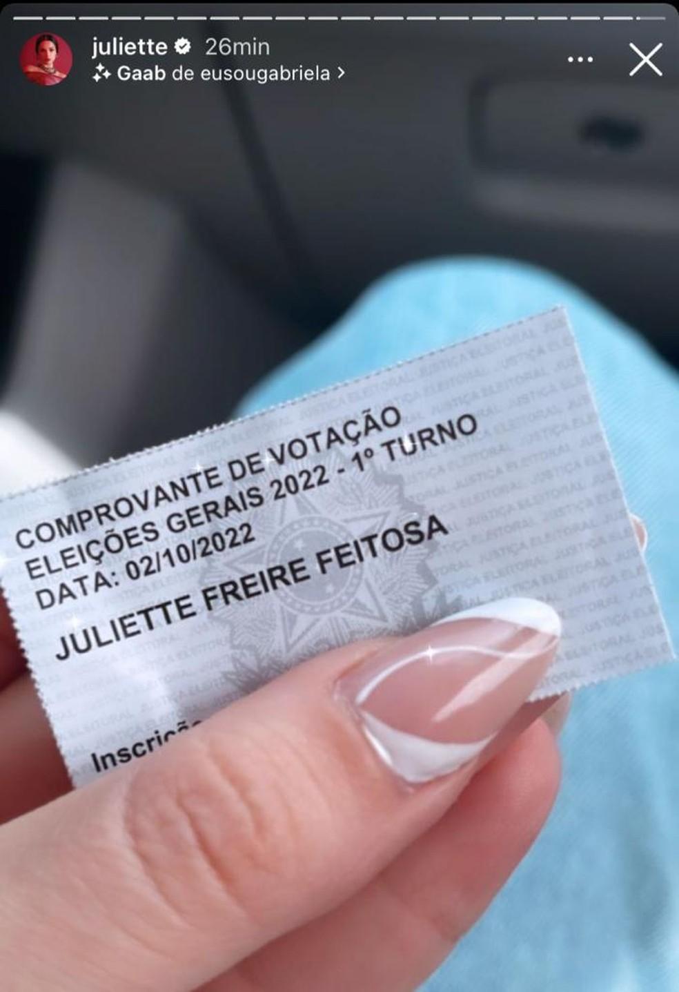 Juliette mostra seu comprovante de votao Foto ReproduoInstagram