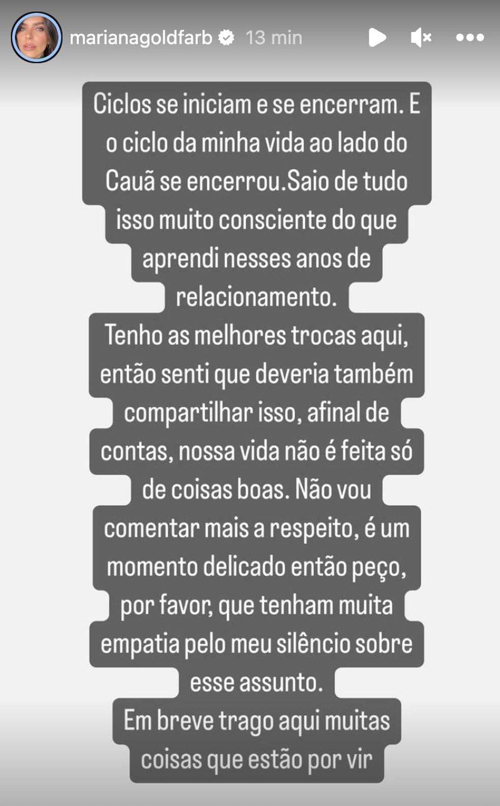 Mariana anunciou o trmino nas redes sociais Foto ReproduoInstagram