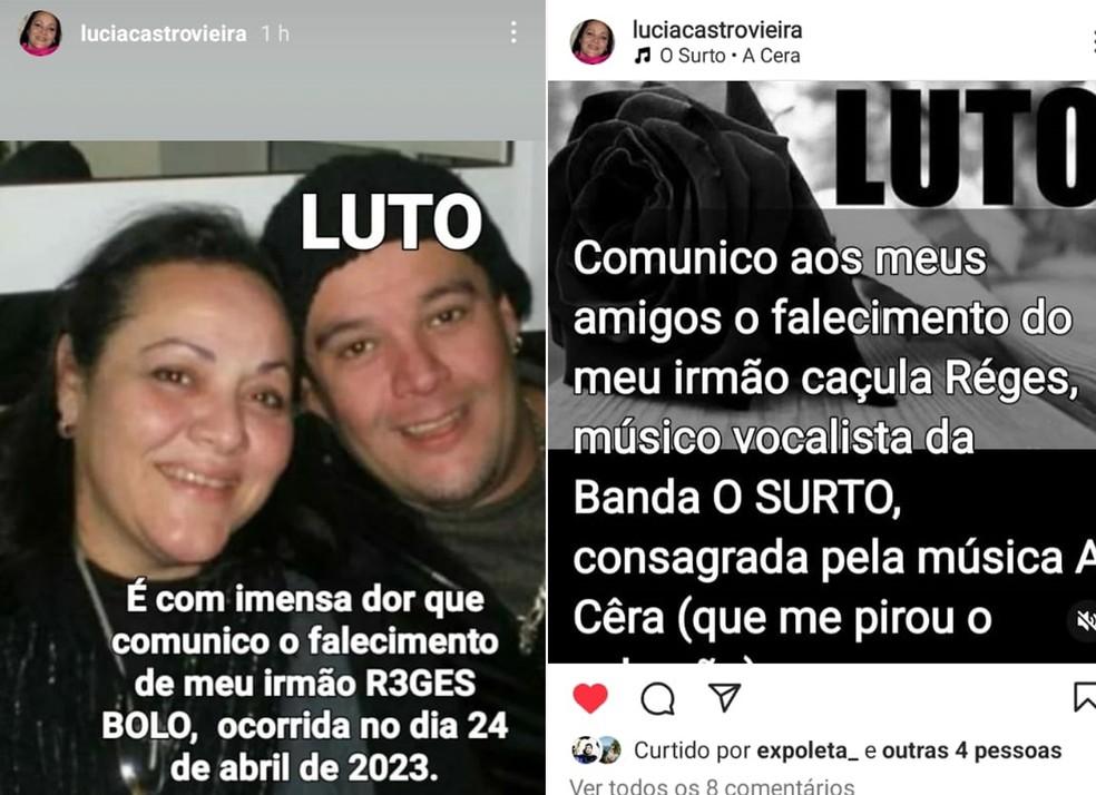 Lcia Castro Vieira irm de Reges Bolo lamenta morte do cantor Foto Reproduo Instagram