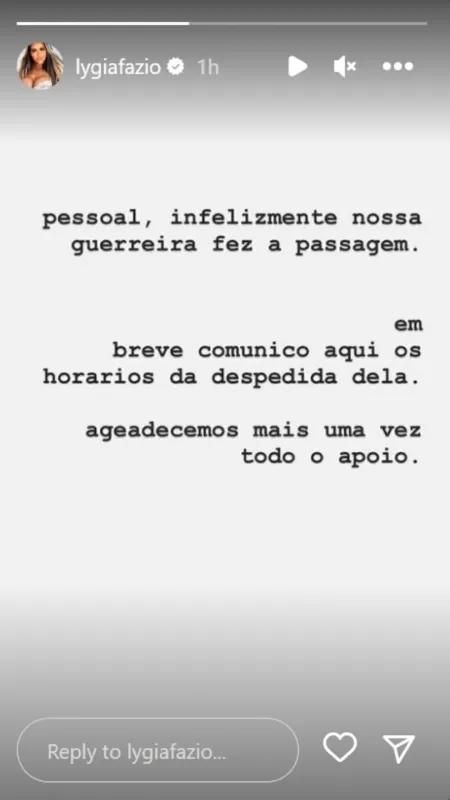 Lygia Fazio morreu nesta quarta-feira - Reproduo instagram - Reproduo instagram