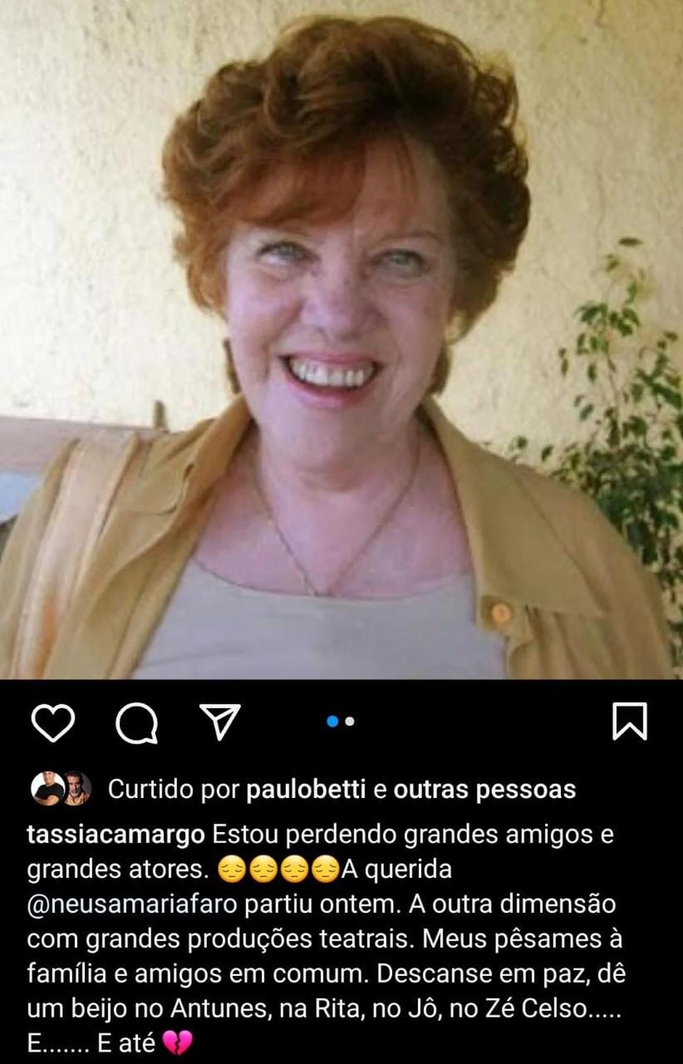 Image: https://mulherinteressante.com/wp-content/uploads/2023/07/postiimg-64a95d8f5ed7b7786.jpeg Tssia Camargo lamenta a morte de Neusa Maria Faro Foto ReproduoInstagram