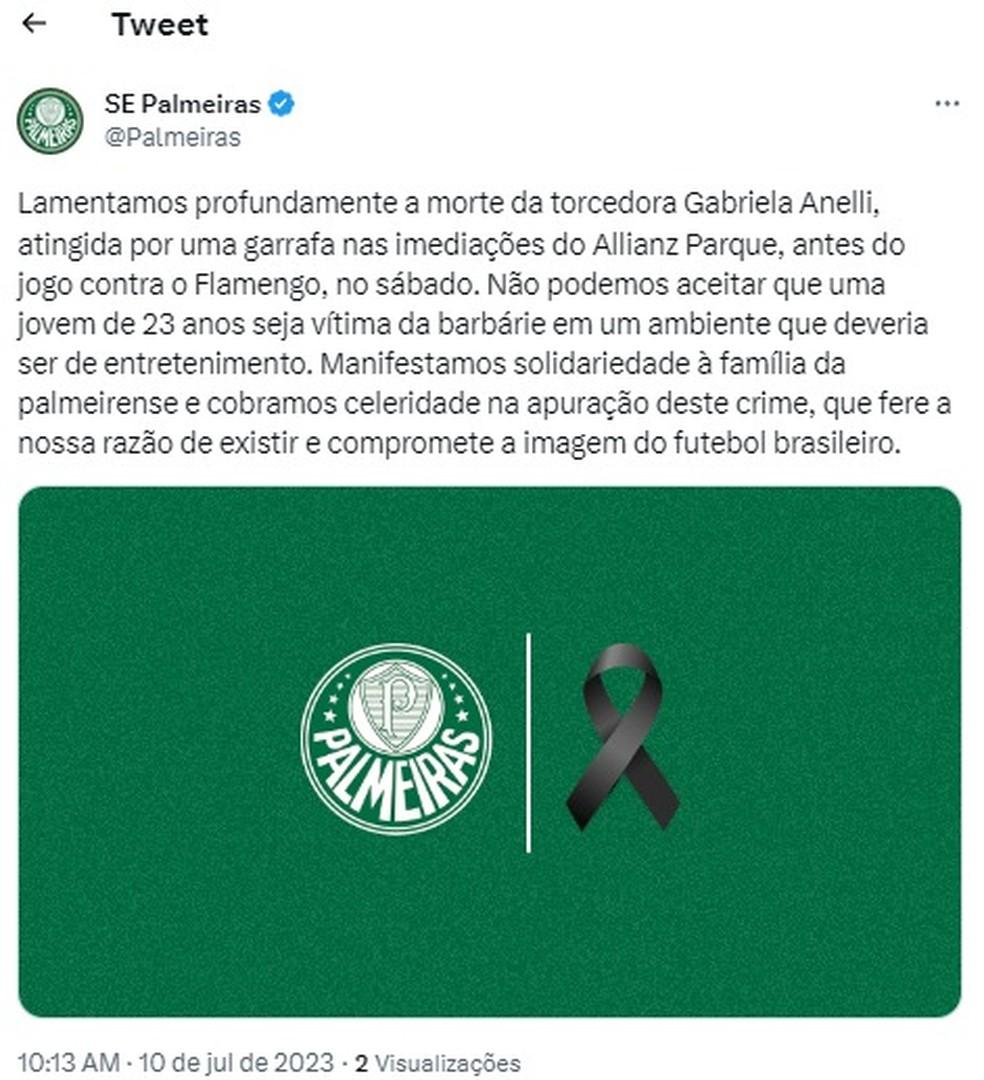 Palmeiras lamentou a morte de torcedora Foto ReproduoRedes Sociais 