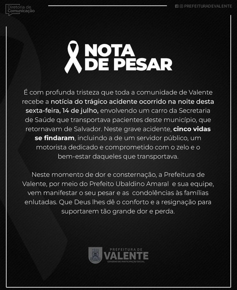 Prefeitura de Valente divulga nota de pesar pelo acidente que matou seis pessoas na Bahia Foto Redes sociais