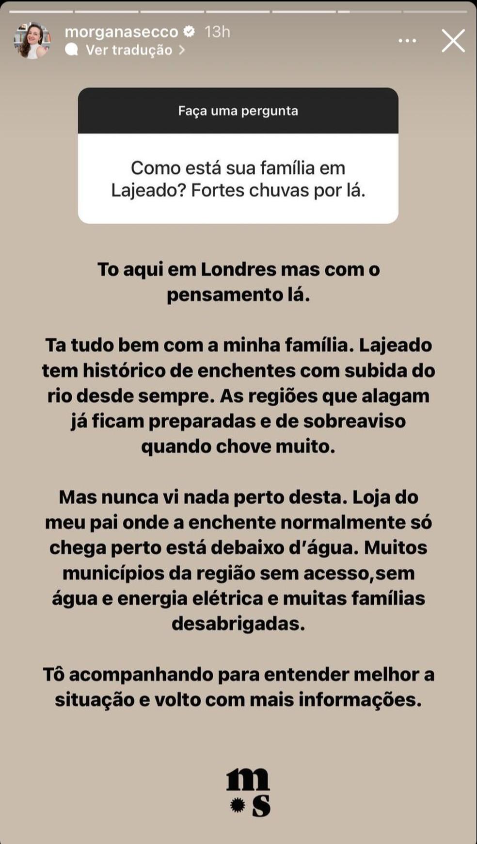 Image: https://mulherinteressante.com/wp-content/uploads/2023/09/postiimg-64f88ee83be174862.jpeg Morgana Secco fala sobre situao da famlia no RS Foto Reproduo