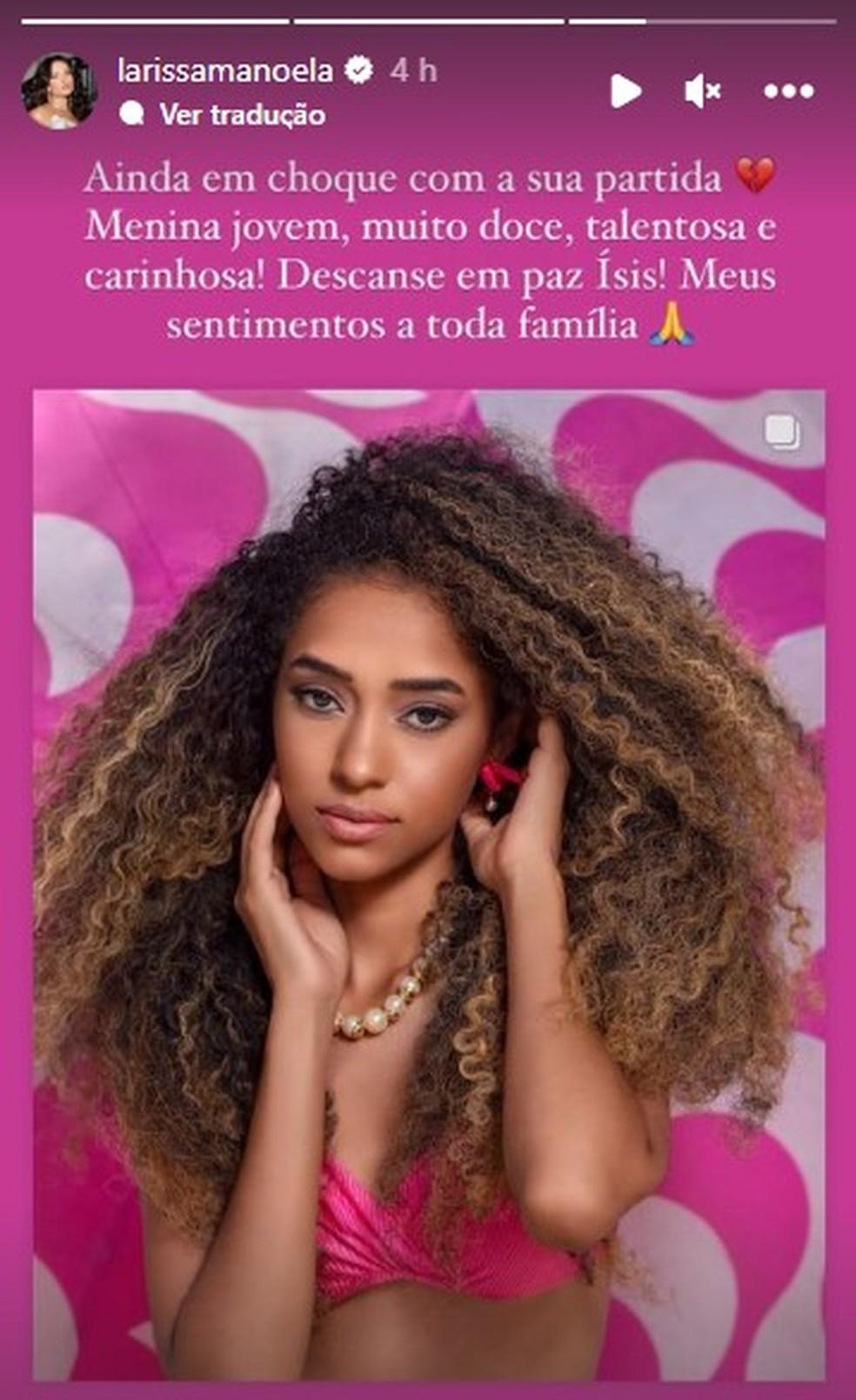 Larissa Manoela comentou sobre a morte da atriz Isis Freitas Foto Reproduo redes sociais