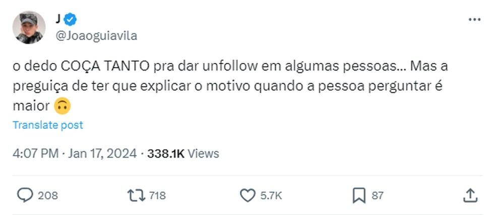 Joo Guilherme disse que queria dar unfollow em algum antes de parar de seguir Jade Picon Foto ReproduoX