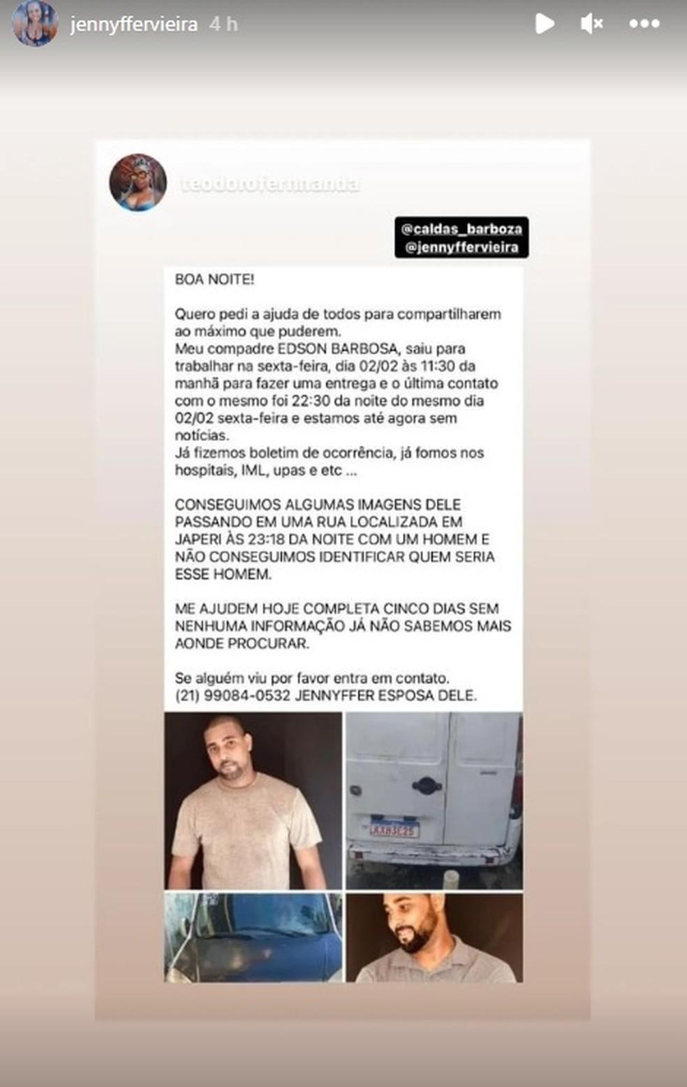 Postagem da esposa de Edson Caldas Foto ReproduoInstagram