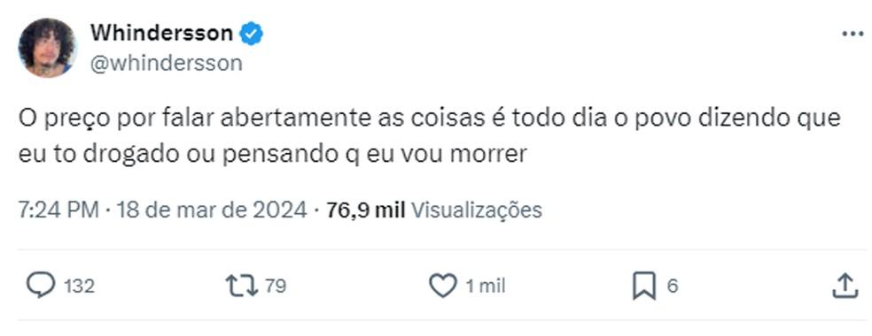 Whindersson Nunes faz breve desabafo na web Foto ReproduoXTwitter