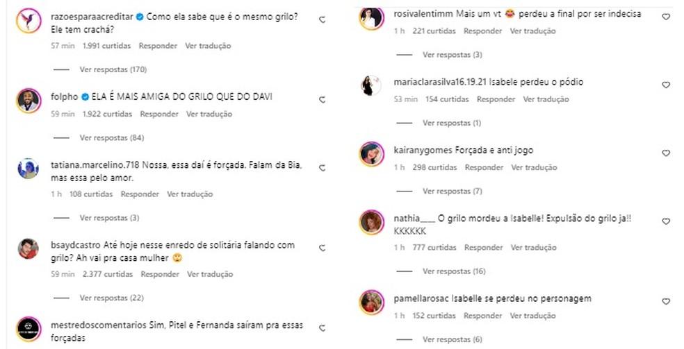 Pblico reage ao reencontro de Isabelle e grilo Foto ReproduoInstagram