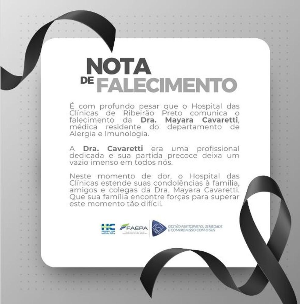 Nota de pesar do HC de Ribeiro pela morte de mdica em So Carlos Foto ReproduoInstagram