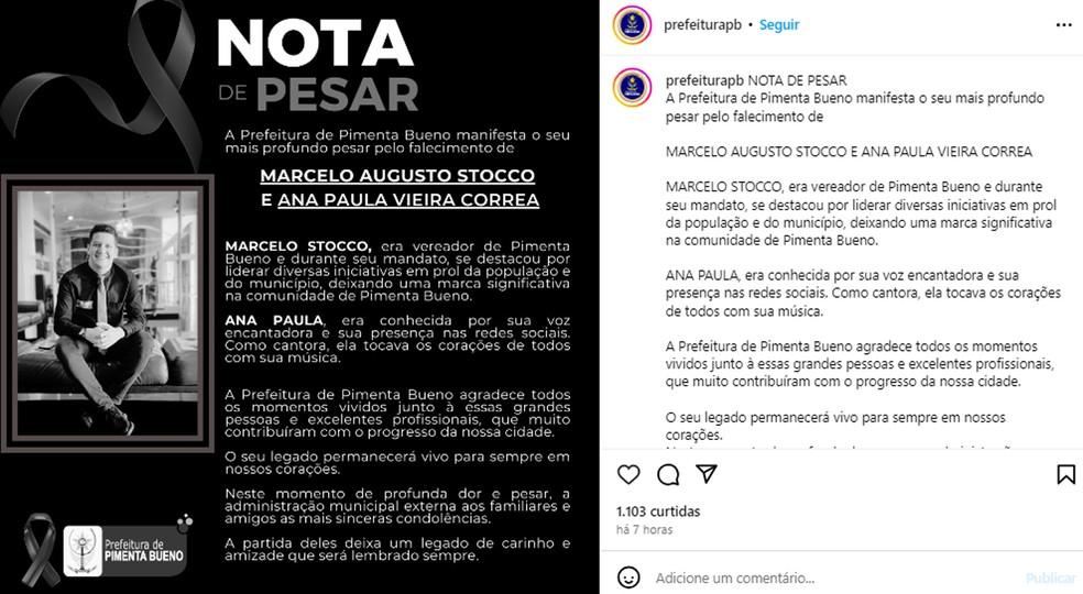 Prefeitura de Pimenta Bueno lamenta mortes de Ana Paula Vieira e Marcelo Stocco Foto ReproduoInstagram