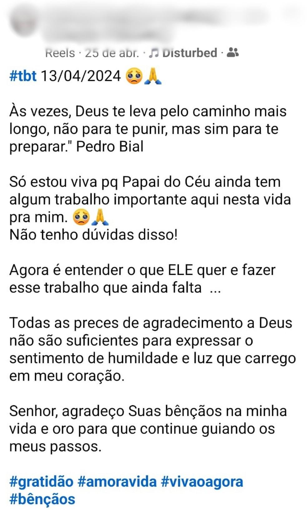 Publicao feita pela ciclista na rede social Foto Redes Sociais Divulgao