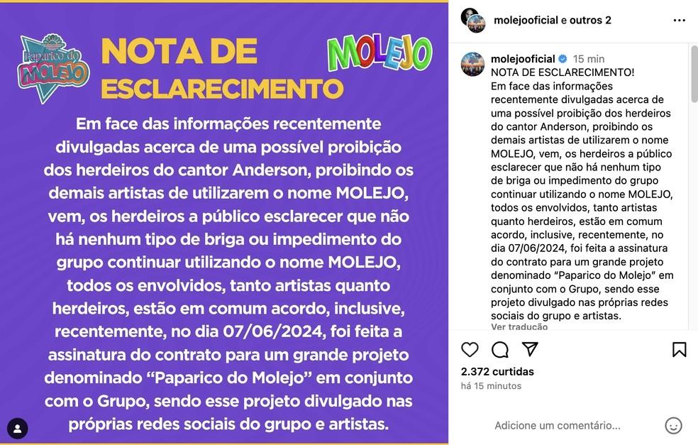 Comunicado oficial do grupo Molejo Foto ReproduoInstagram