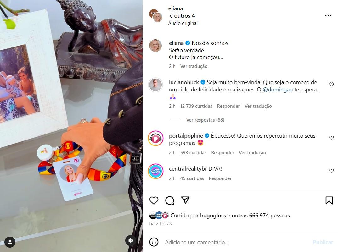 Luciano Huck celebra contratao de Eliana na Globo - Foto Reproduo Instagram