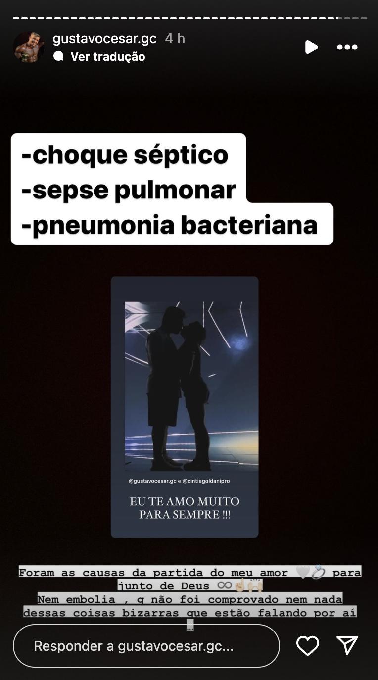 Post de Gustavo sobre a morte de Cintia Goldani - Foto Reproduo Instagram
