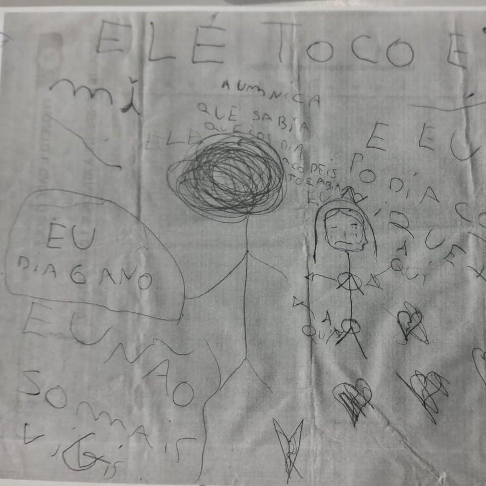 Desenho feito por criana de 11 anos denunciando abuso dos tios Foto Polcia Civil de Alagoas