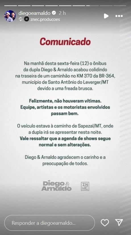 Equipe de Diego e Arnaldo tranquiliza - Foto Reproduo Instagram