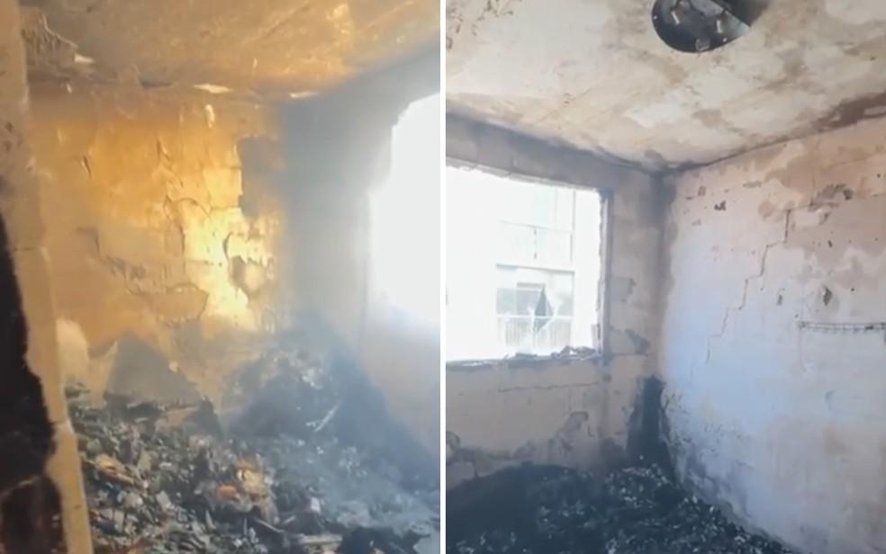 Vdeo mostra destruio no apartamento da famlia que morreu ao pular do prdio em chamas em Valparaso de Gois Foto ReproduoTV Anhanguera