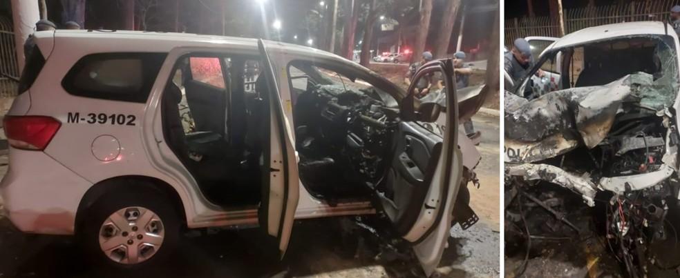 Viatura da PM bateu em rvore e depois explodiu Foto ReproduoRedes sociais