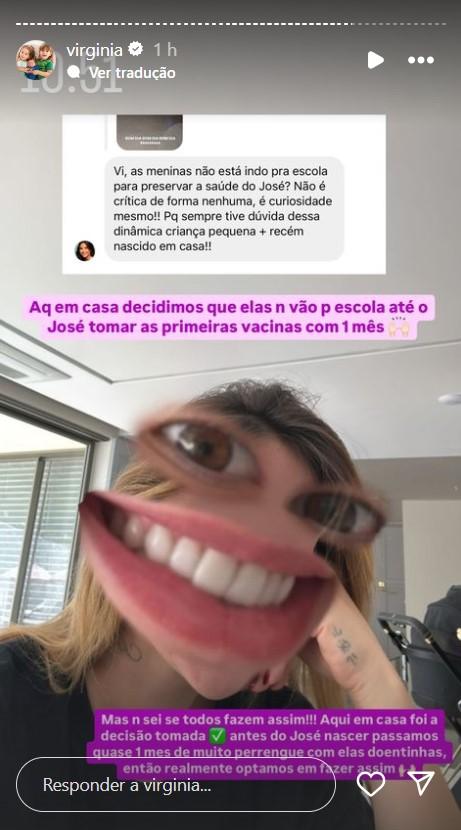 Virginia explica deciso de manter as filhas longe da escola por 1 ms - Reproduo Instagram