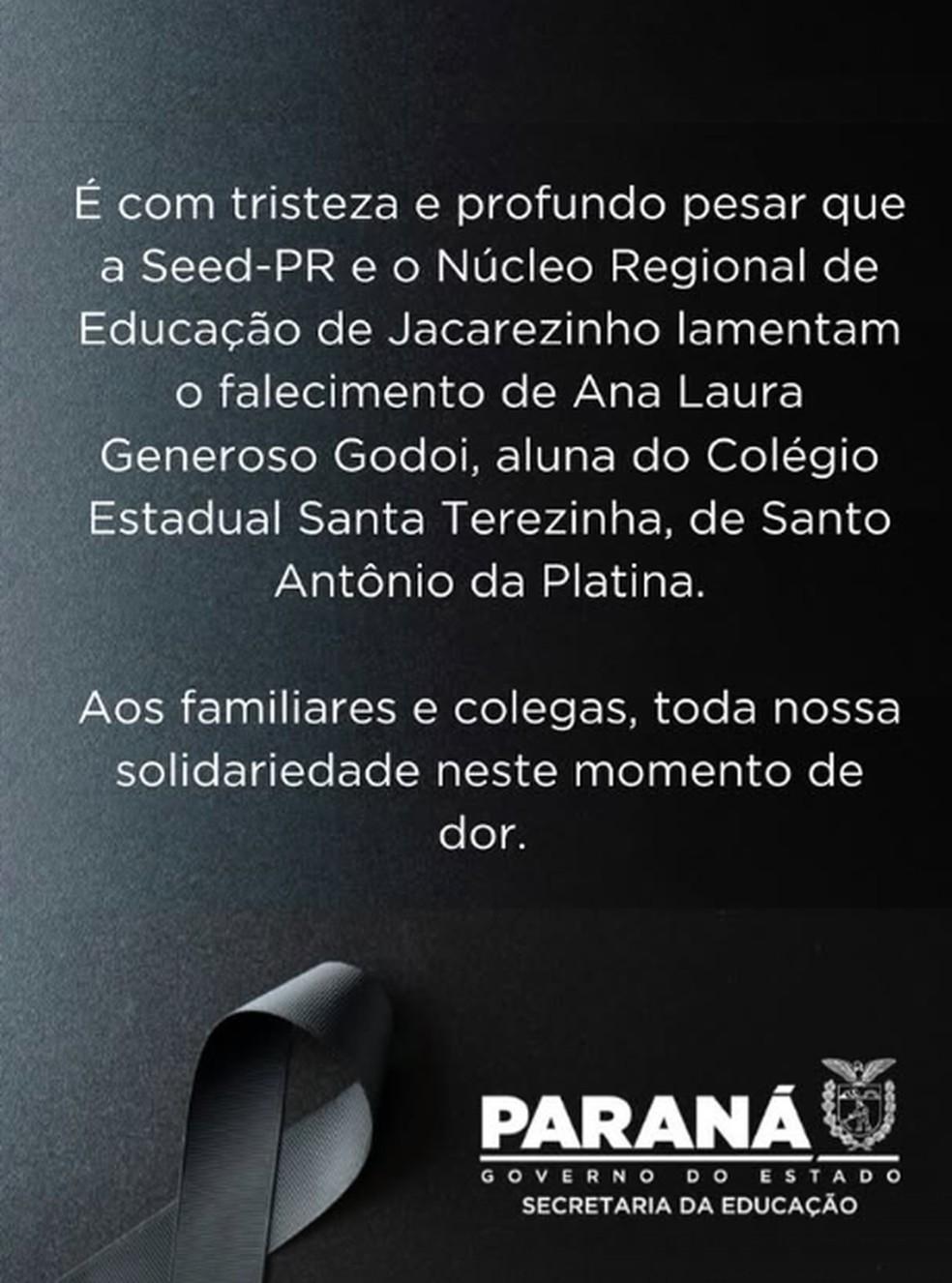 Nota publicada pela Seed-PR e Ncleo Regional de Educao de Jacarezinho Foto Redes sociais