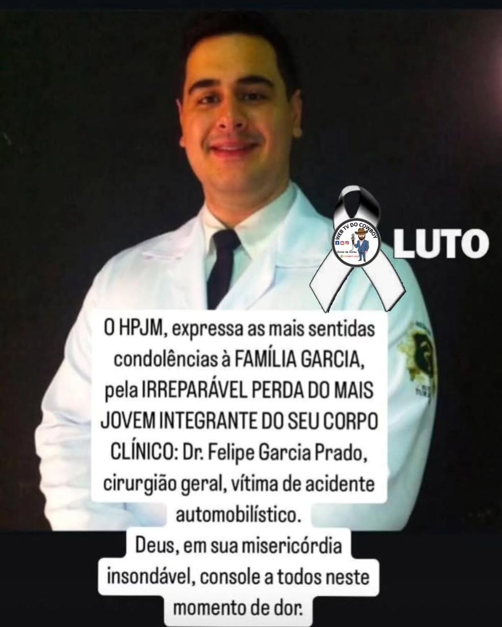 Hospital Padre Jlio Maria postou mensagem de pesar pelo falecimento do mdico Foto ReproduoRedes Sociais