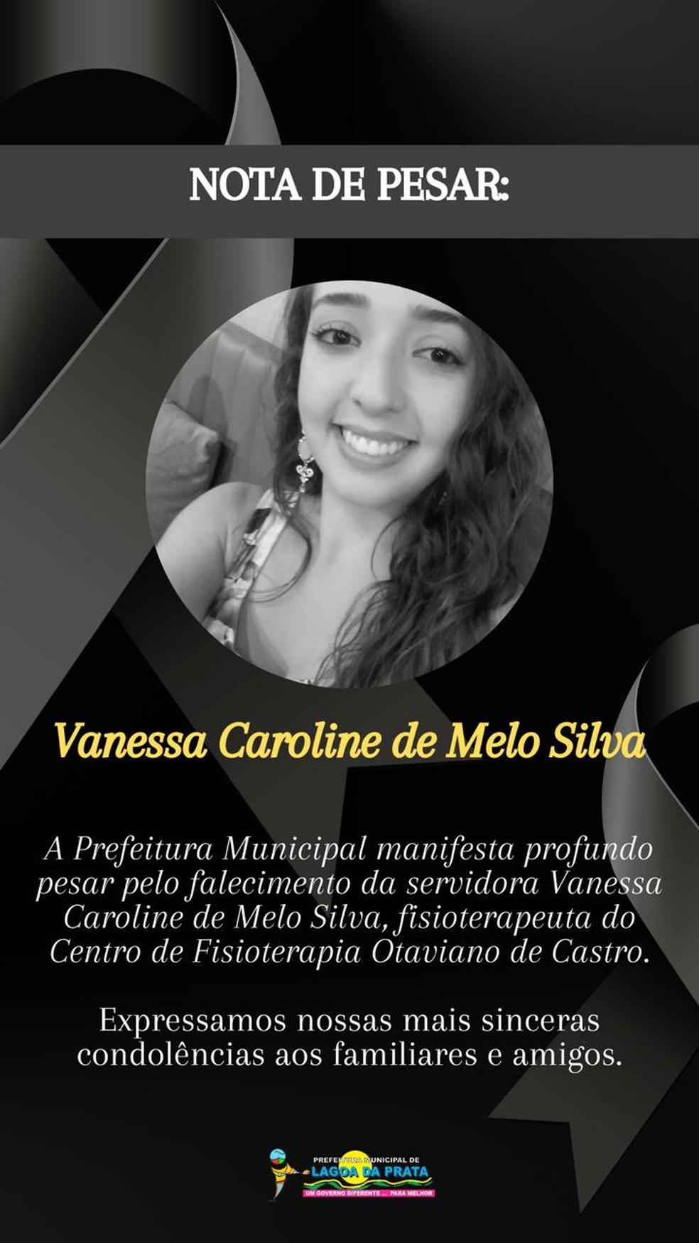 Prefeitura de lagoa da Prata emitiu nota de pesar pela morte de Vanessa Melo Foto Prefeitura de Lagoa da PrataDivulgao