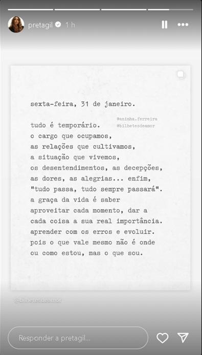 Preta Gil compartilha reflexo ReproduoInstagram