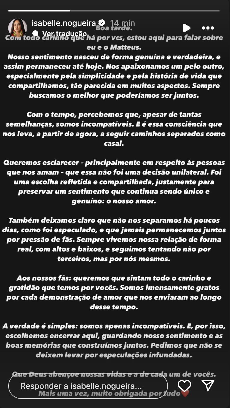 Post de Isabelle Nogueira sobre a separao de Matteus