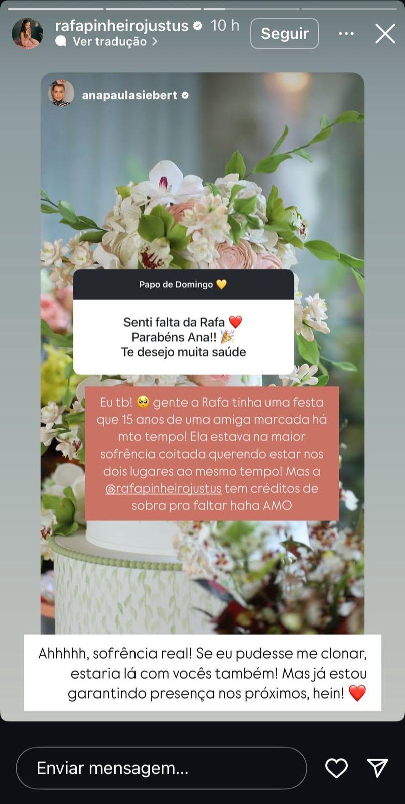 Ana Paula Siebert explica ausncia de Rafa Justus em aniversrio - ReproduoInstagram