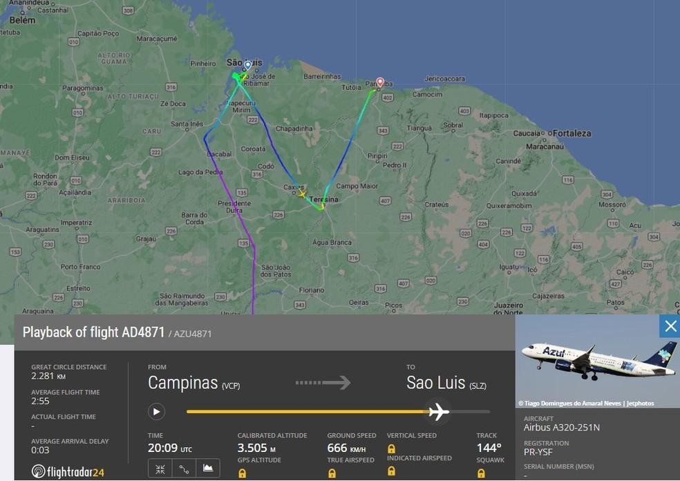 Trajeto do voo da Azul que declarou emergncia por pouco combustvel Foto FlightRadar24