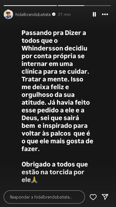 Storie do pai de Whindersson Nunes ReproduoInstagram 