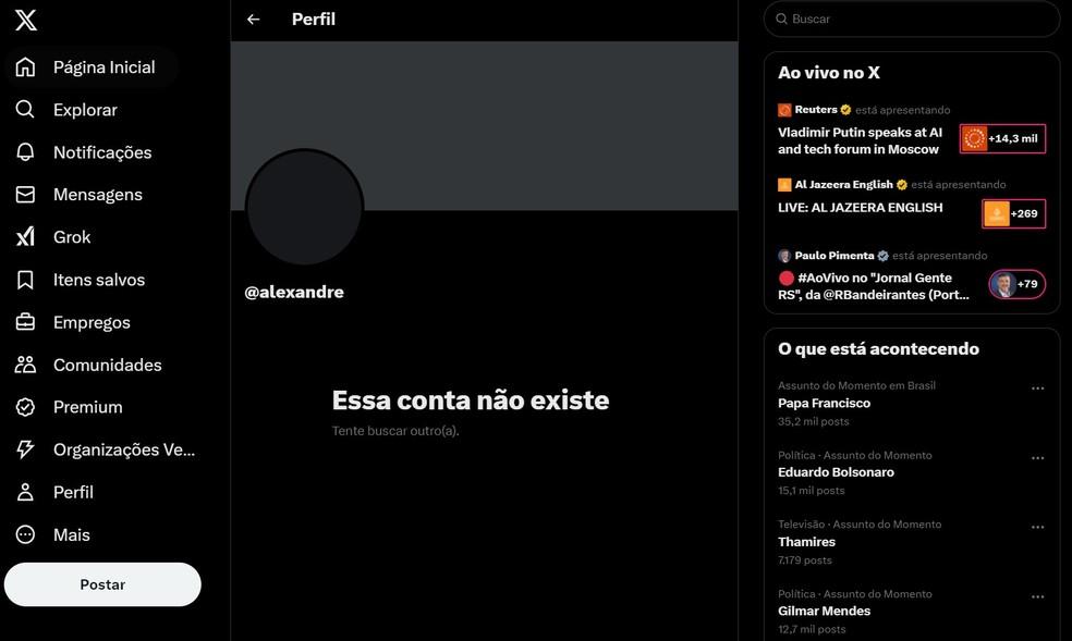 Conta de Alexandre de Moraes desativada no X Foto XReproduo