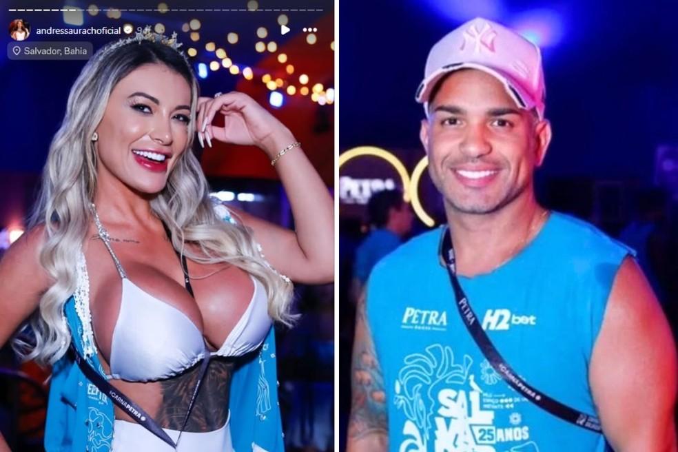 Modelo Andressa Urach esq e secretrio Felipe Rominha dir no Carnaval de Salvador BA Foto ReproduoRedes Sociais