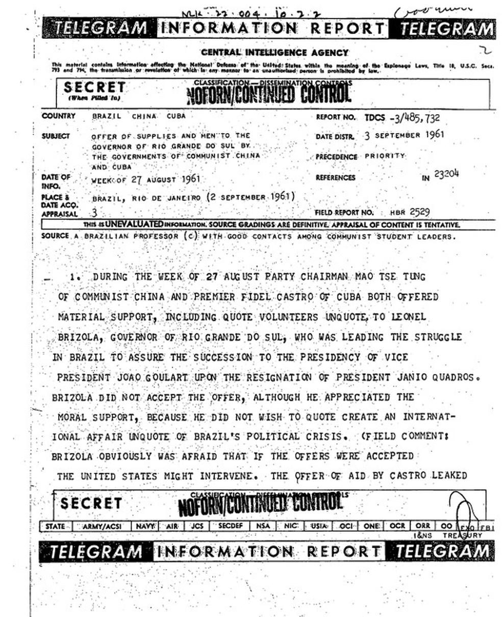 Telegrama da CIA que relata que Brizola recusou ajuda de China e Cuba Foto Reproduo