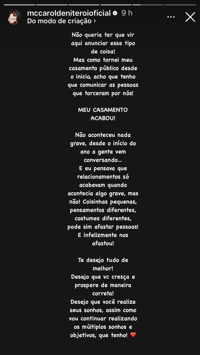 MC Carol anuncia fim do casamento - ReproduoInstagram