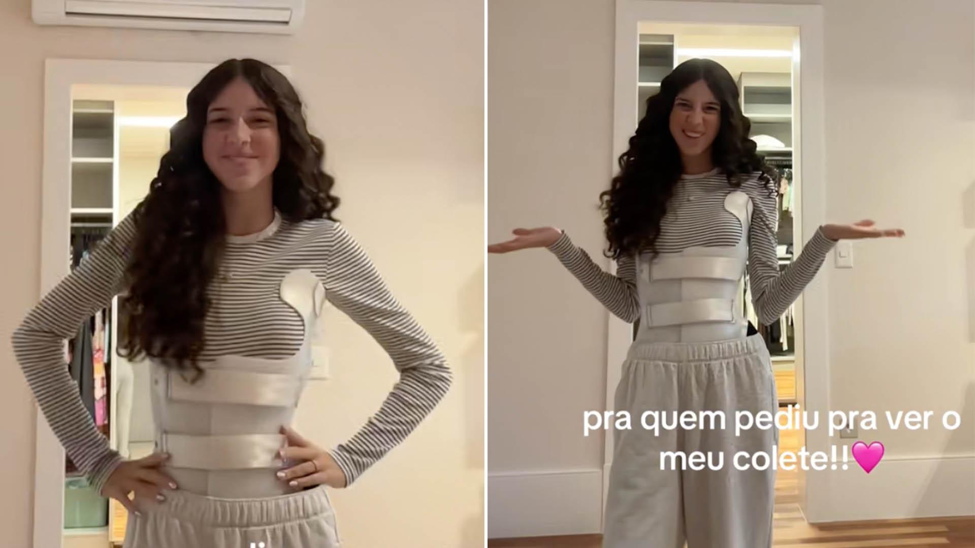 Maria Viel Faro usa colete ortopdico contra a escoliose - Foto Reproduo TikTok