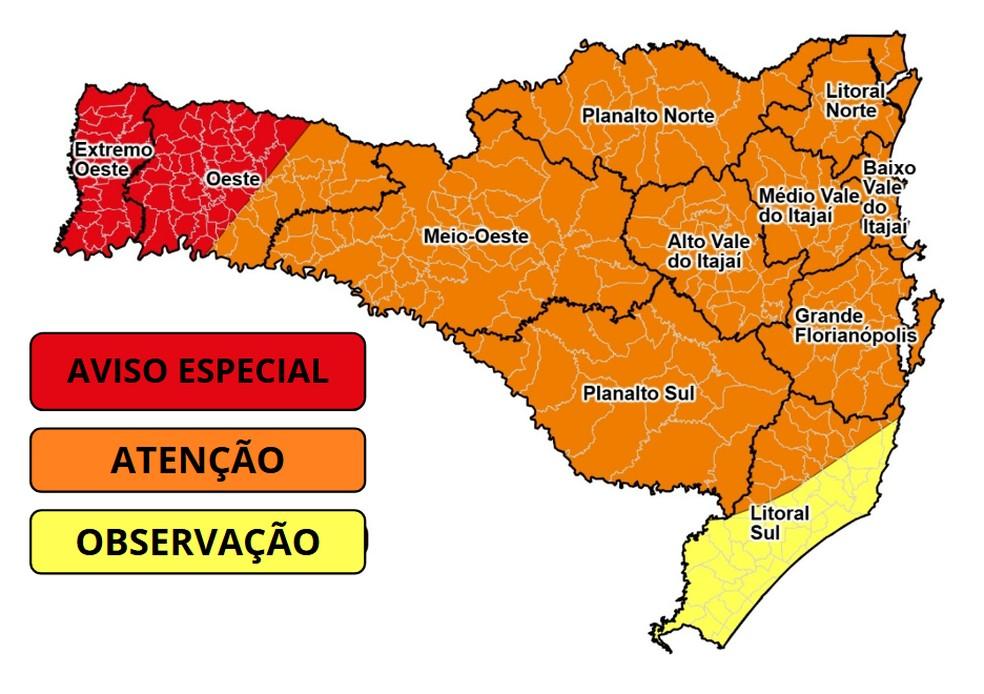 Mapa da Defesa Civil mostra aviso especial de chuva para o Extremo e Oeste de Santa Catarina a partir desta quarta-feira Foto Defesa CivilDivulgao