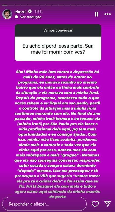 Eliezer desabafa sobre sade de sua me - Foto ReproduoInstagram
