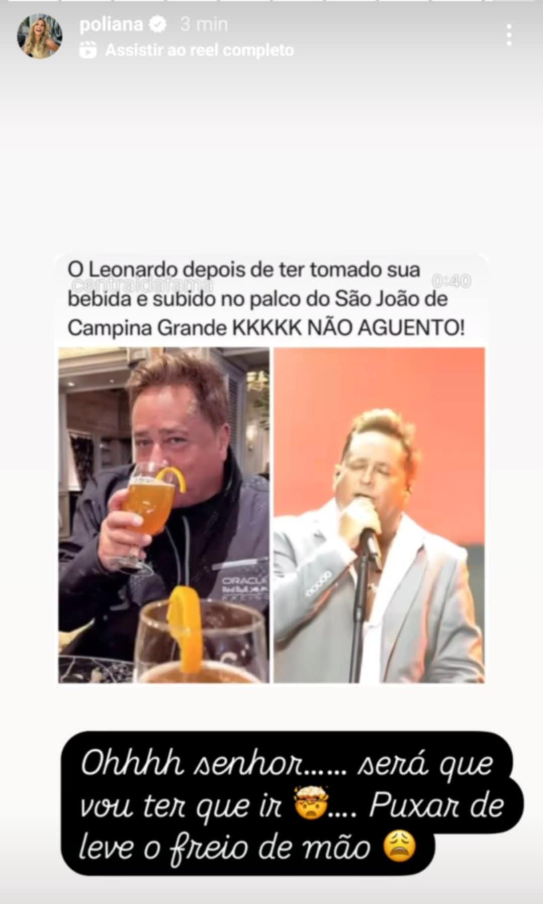 Poliana Rocha reage ao ver Leonardo em show aps beber