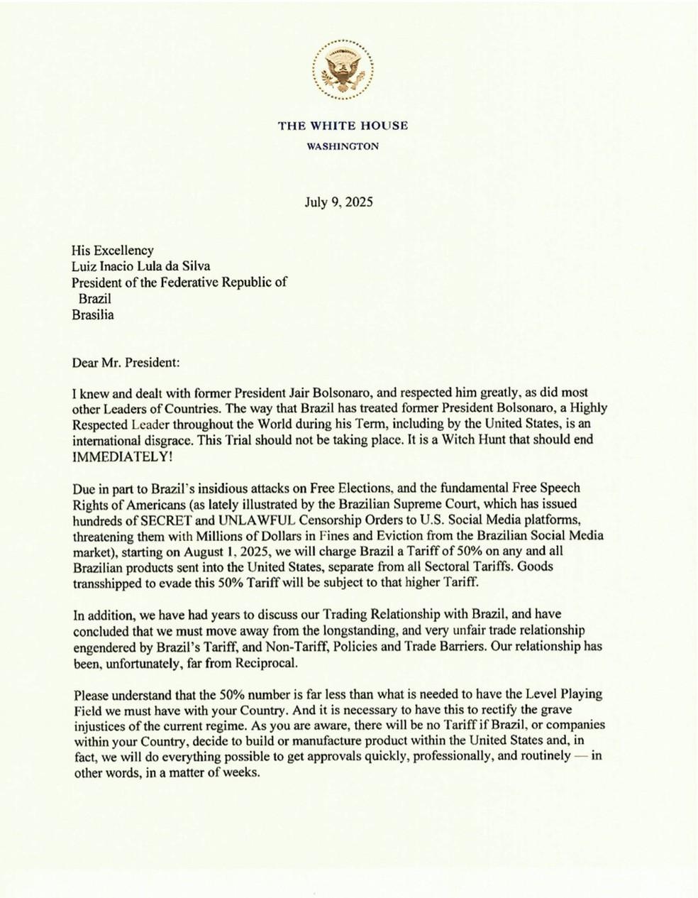 Trump manda carta a Lula e anuncia tarifa de 50 sobre produtos brasileiros Foto Reproduo