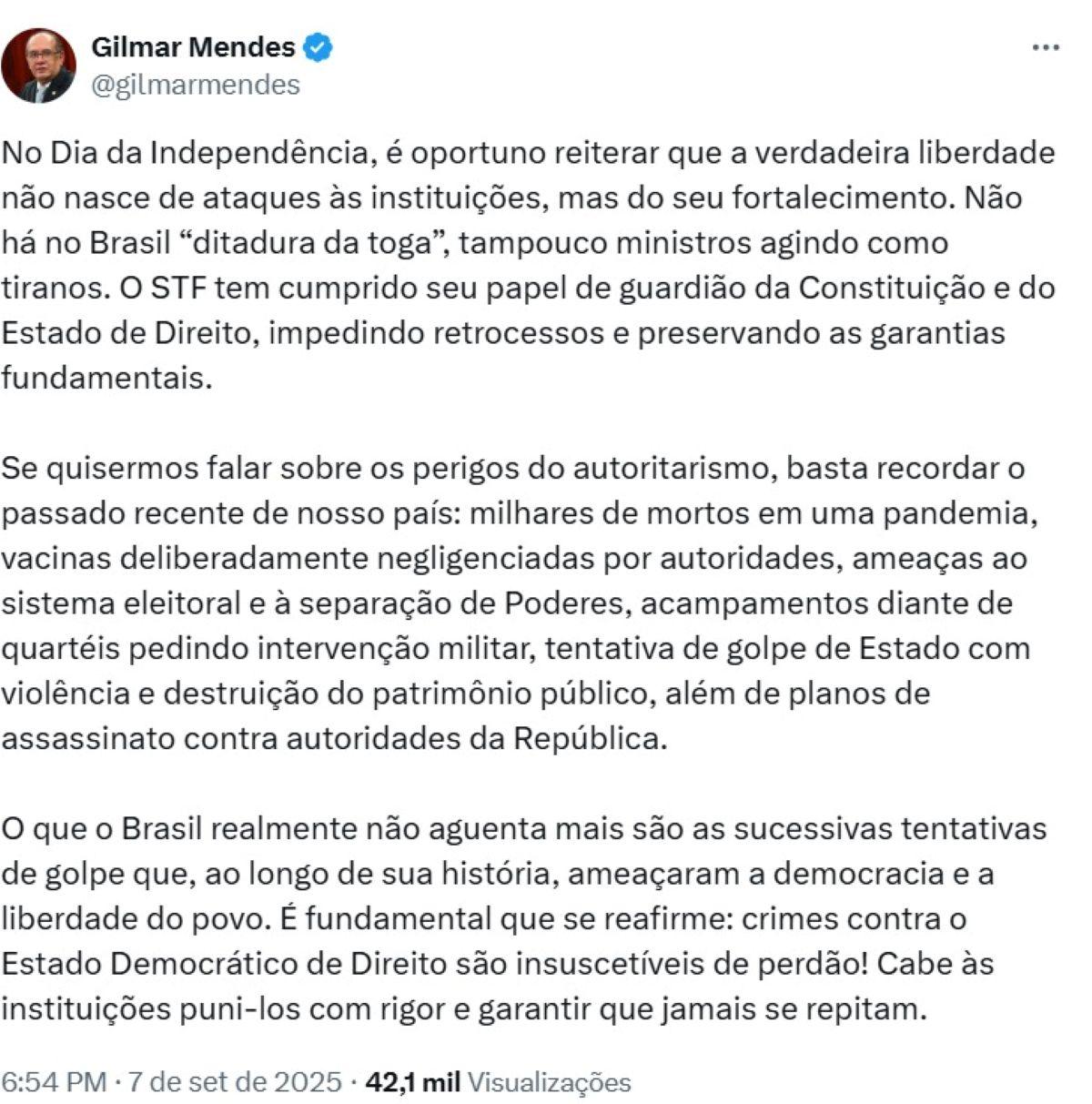 Image: https://mulherinteressante.com/wp-content/uploads/2025/09/postiimg-68becc29df0e43057.jpg Publicao escrita pelo ministro Gilmar Mendes na noite deste domingo aps as manifestaes pr-Bolsonaro 8211 Foto ReproduoXND