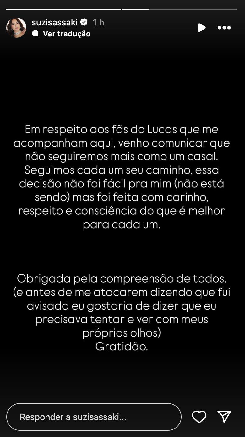 Post de Suzi Sassaki sobre a separao de Lucas Souza - Foto Reproduo Instagram