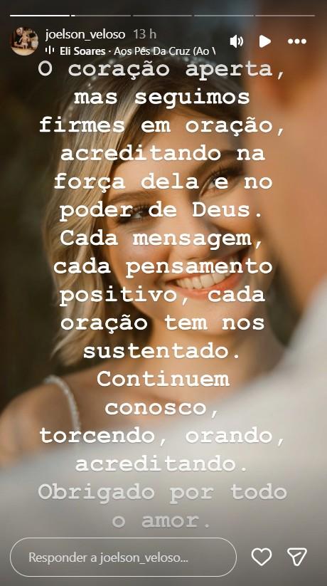 Pai de Isabel Veloso pede oraes - Foto Reproduo Instagram joelson_veloso 