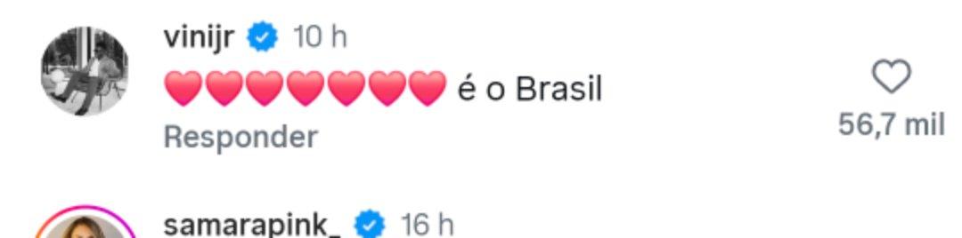 Vini Jr deixa comentrio romntico para Virginia
