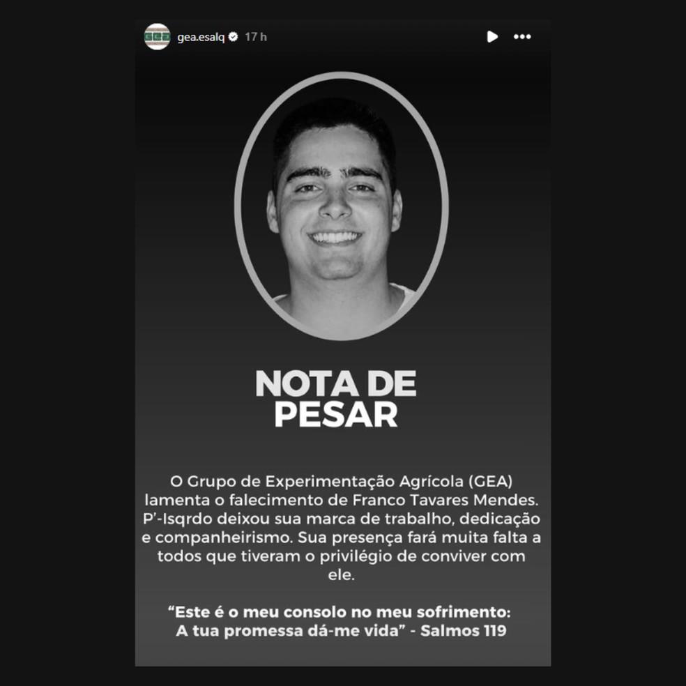 Nota de pesar emitida pelo Grupo de Experimentao Agrcola GEA da EsalqUSP Foto Reproduoredes sociais