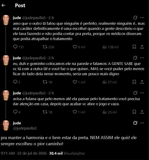 Desabafo de Jude Paulla no X