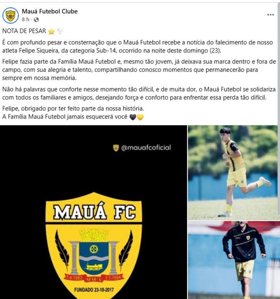 Mau Futebol Clube lamentou a morte do jogador Felipe Siqueira da categoria Sub-14 em acidente em Santa Rita do Passa Quatro SP Foto ReproduoFacebook